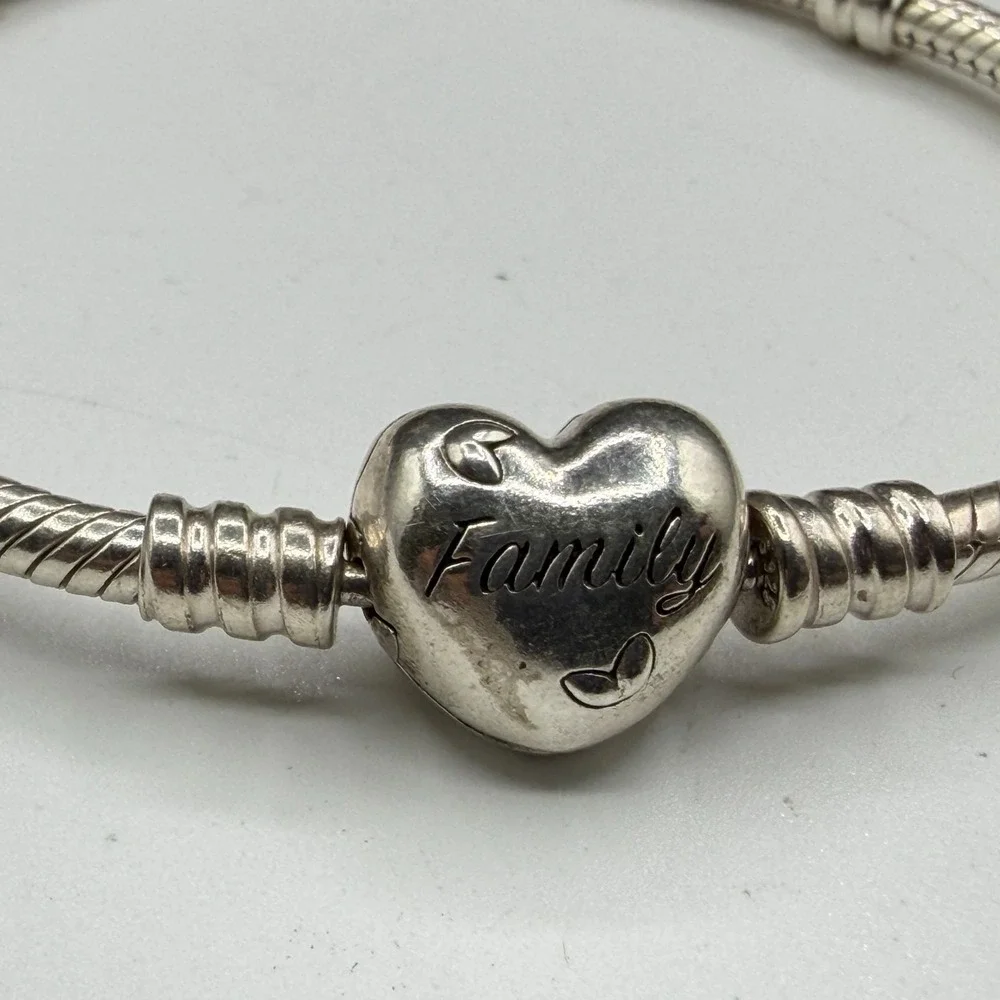 Silver Tone Snake Chain Charm Bracelet Heart Family Clasp European Style Gift